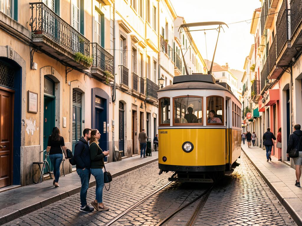 Tranvía avanzando entre las calles de Lisboa